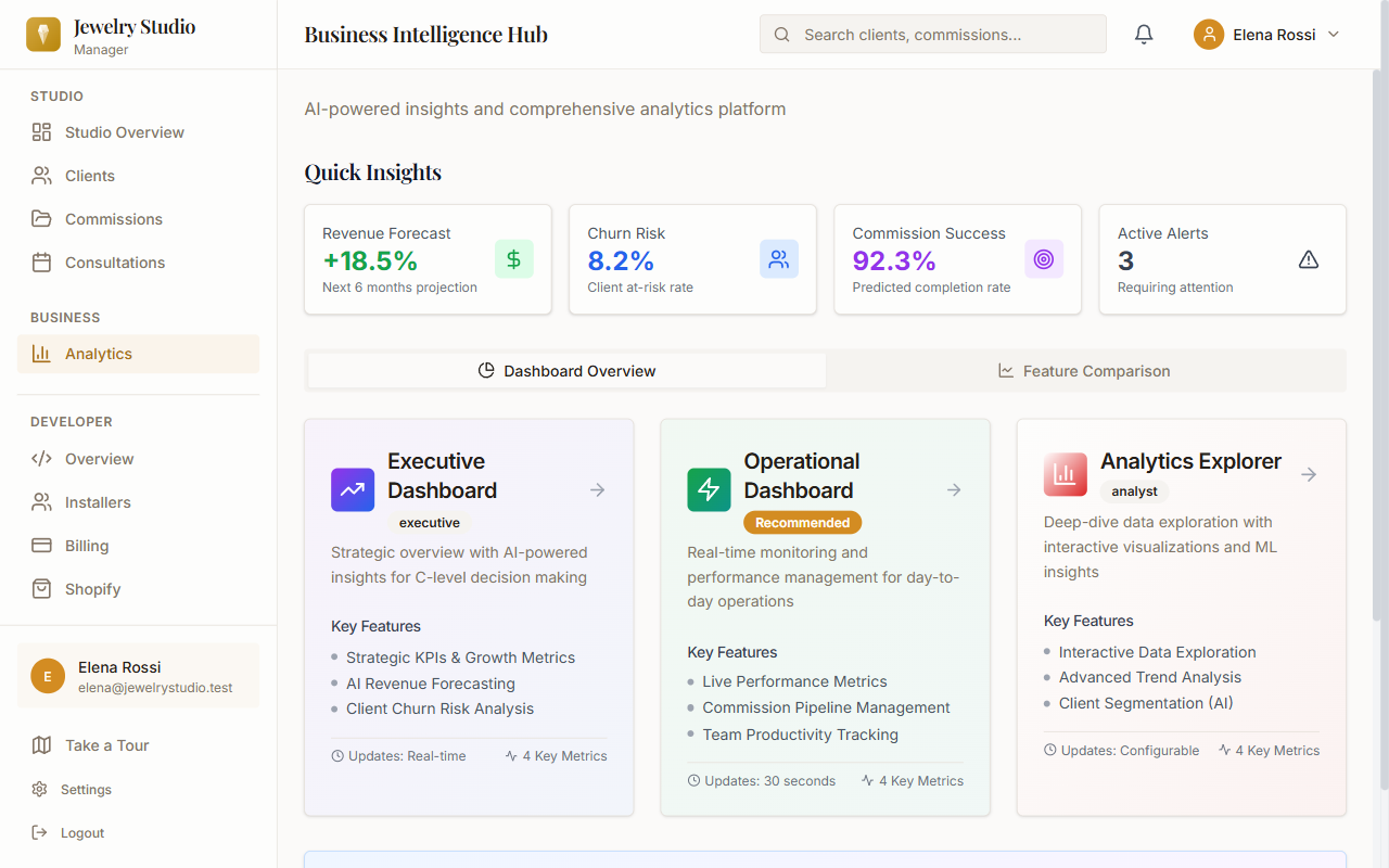 Analytics dashboard with revenue charts and metrics