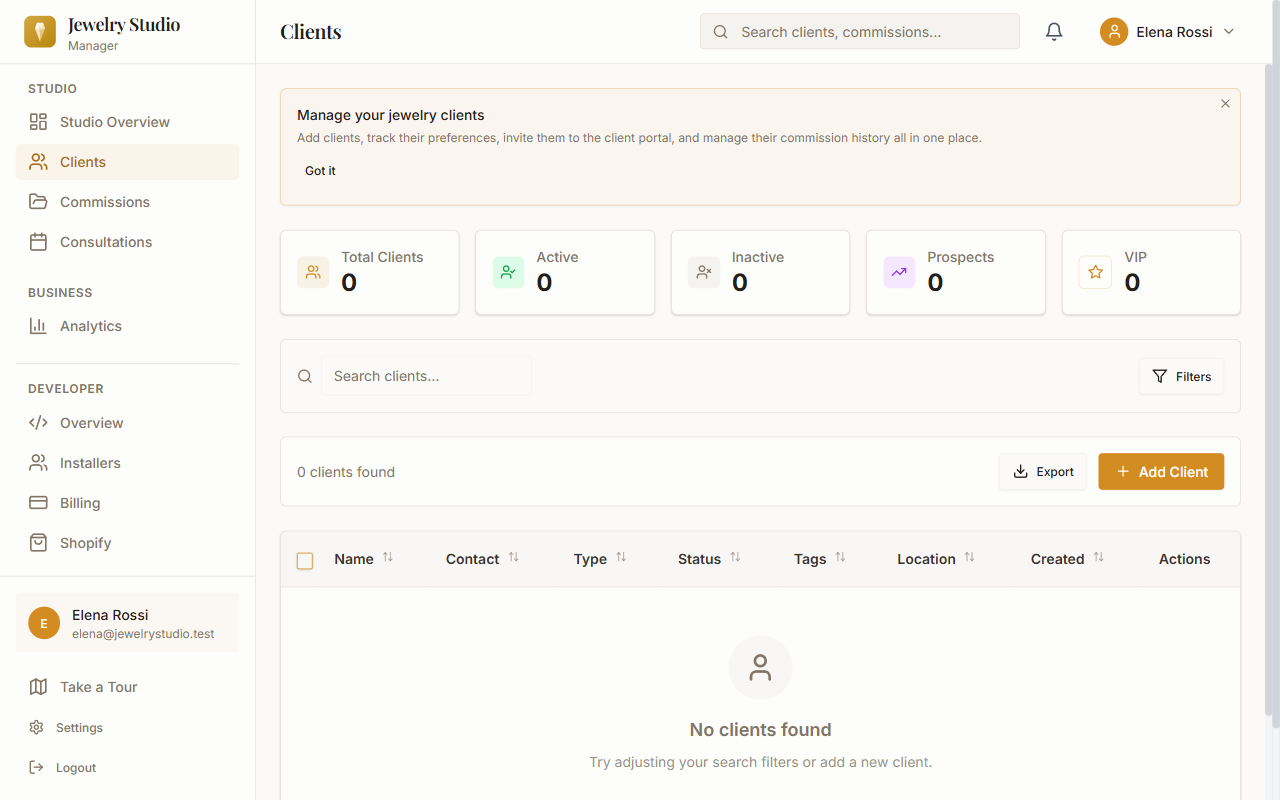 Client management interface showing detailed client profiles